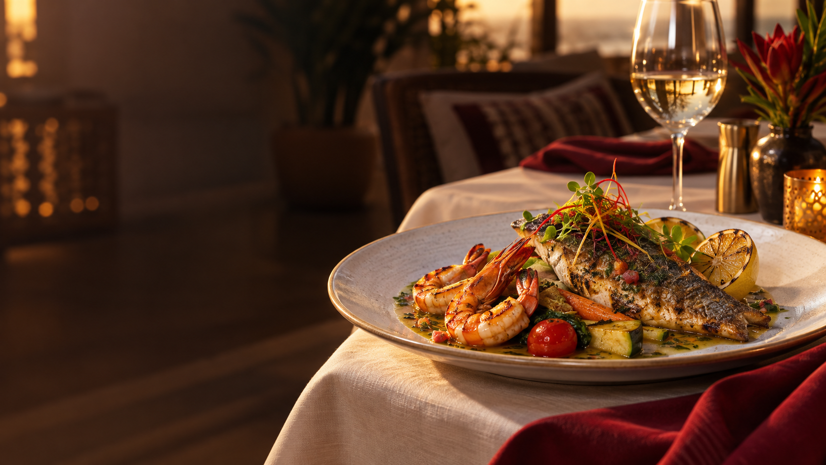 Assiette de poisson et crevettes servie dans une ambiance de restaurant élégante